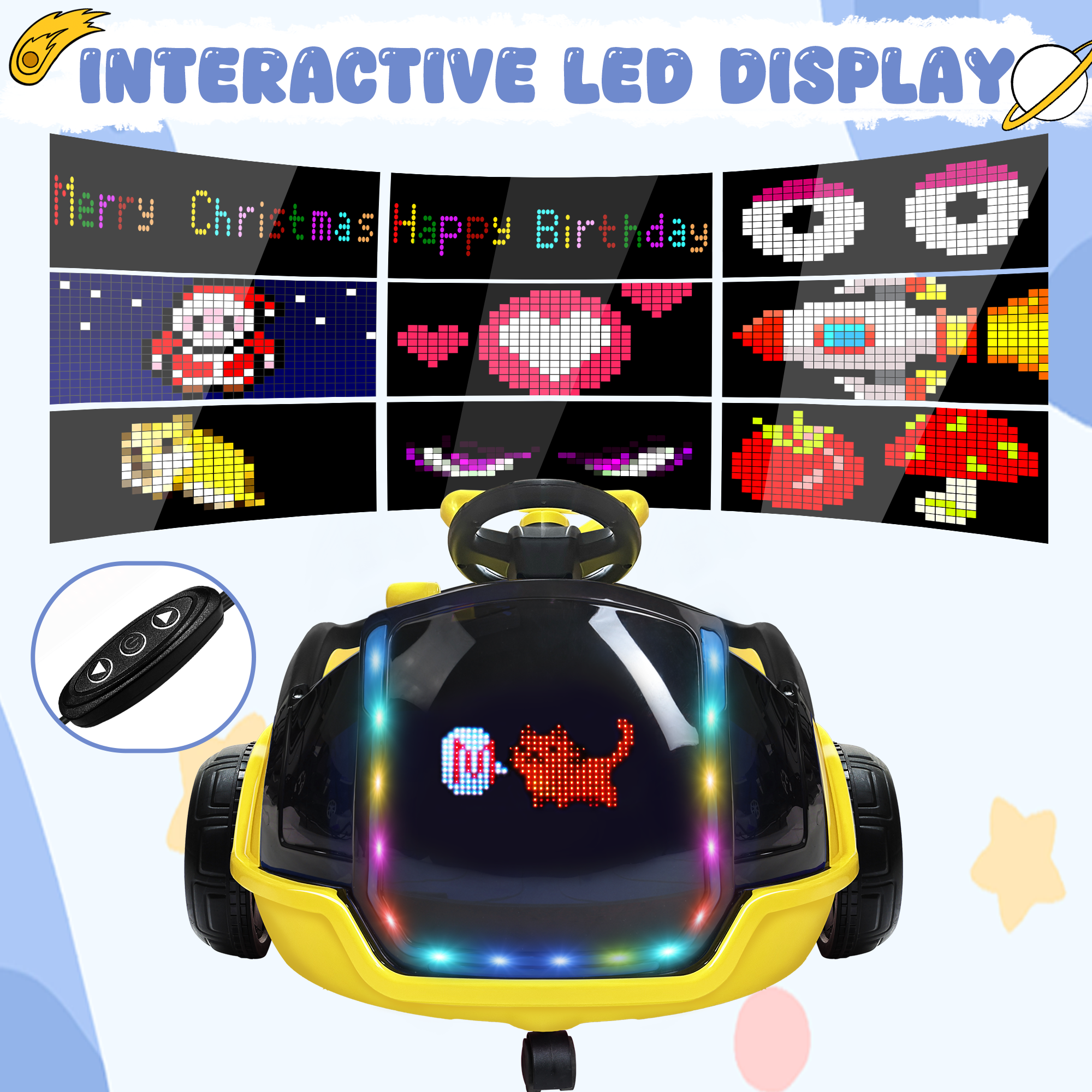 12V 3-in-1 Push Ride On with small LED Display-yellow（UPC:B0FR8N7X5H）