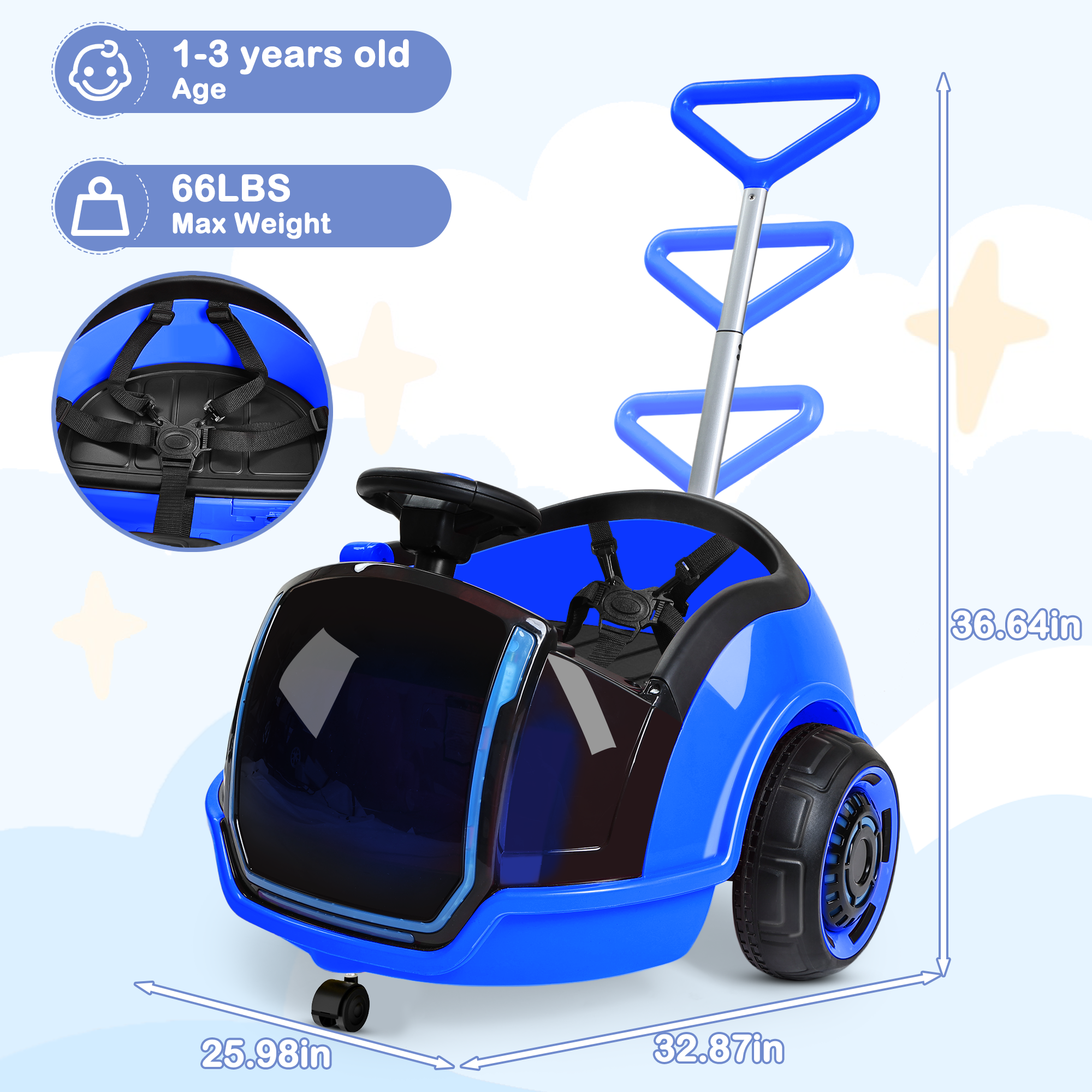 ANPABO 3-in-1 12V Electric Ride-On Car with Push Handle & Interactive LED Screen – Blue