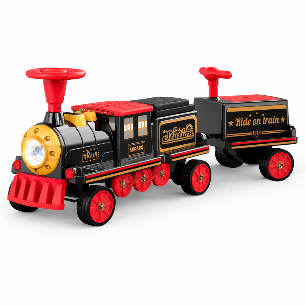12V Trackless Ride-On Train Set: Whistle, Light, & Storage-black