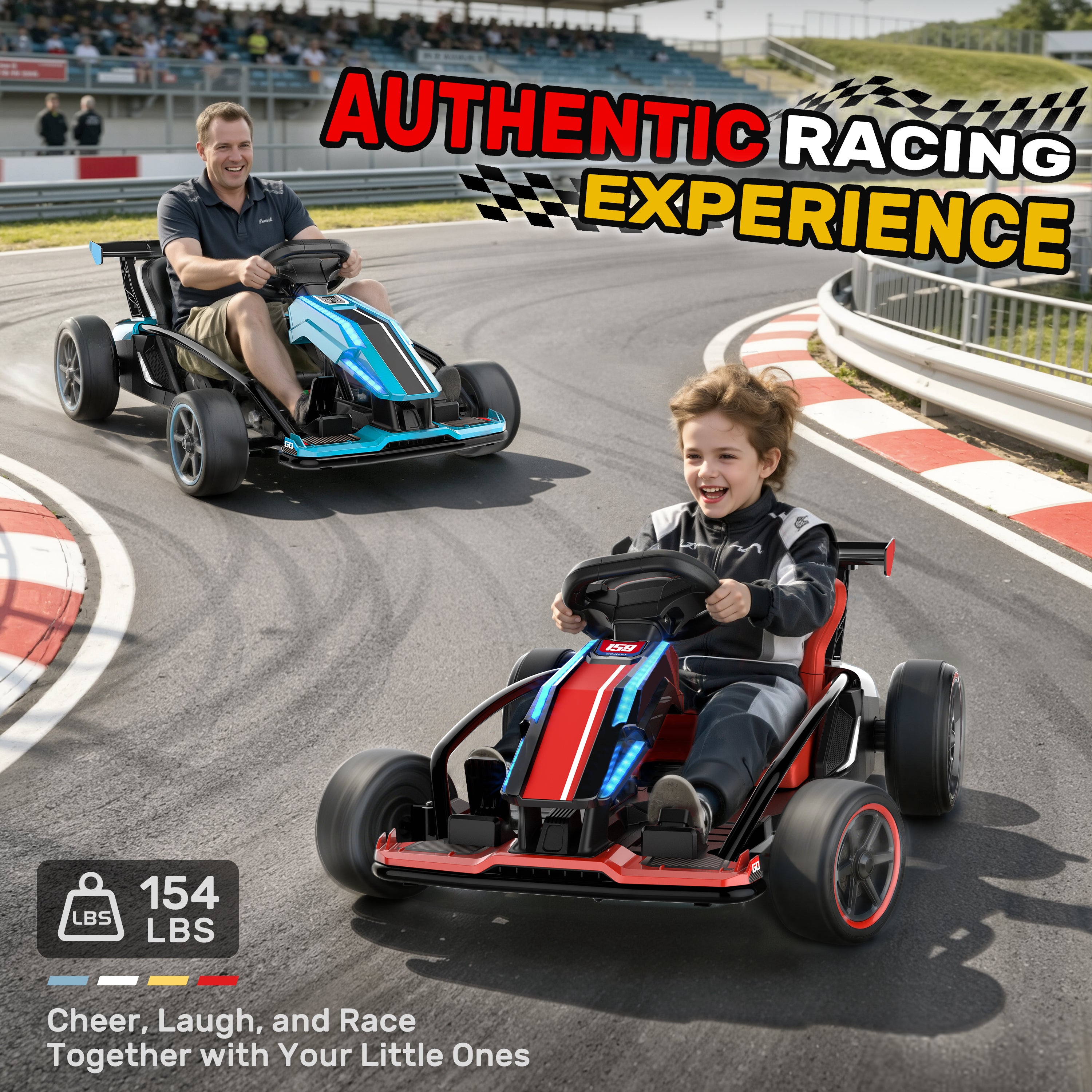 Father and son racing together in red and blue 24V electric ride-on go karts, highlighting the heavy-duty 154 lbs weight capacity for authentic family fun.